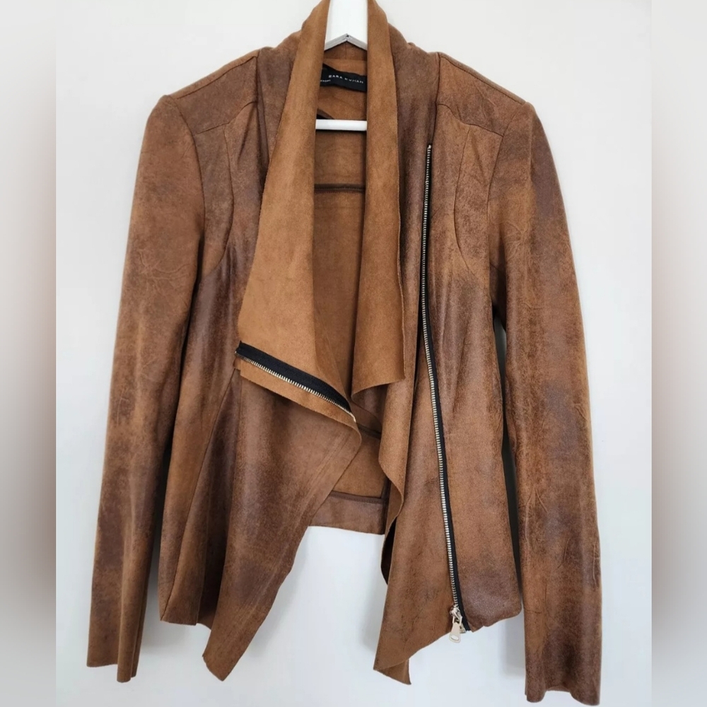 ZARA JACKET BROWN DRAPE COWLNECK ASYMMETRICAL ZIP TOP SMALL S